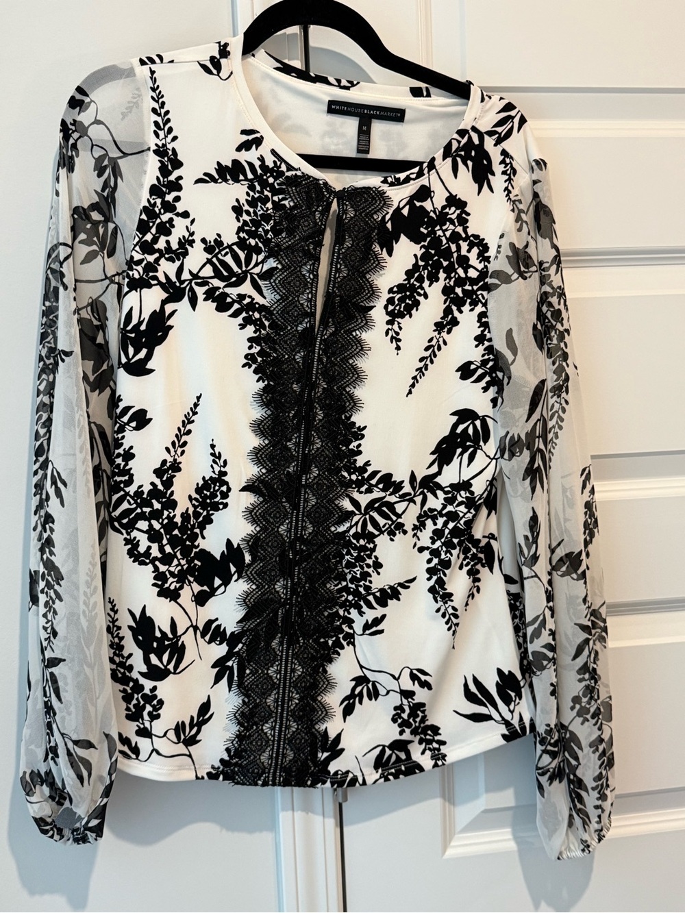 White House Black Market Black and White Floral Lace-Trim Blouse